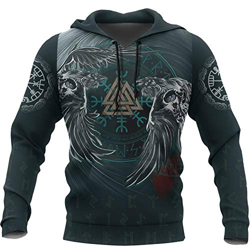 Unisex 3D-Gedruckter Tattoo-Hoodie, Nordische Wikinger-Mythologie Valknut Skull Kurzarm, Harajuku Streetwear Lässiges Langarm-Pullover-Sweatshirt,Hoodie,XL von YCYR