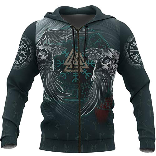 Unisex 3D-Gedruckter Tattoo-Hoodie, Nordische Wikinger-Mythologie Valknut Skull Kurzarm, Harajuku Streetwear Lässiges Langarm-Pullover-Sweatshirt,Zipper,XL von YCYR