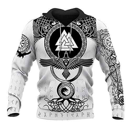 YCYR Viking Tattoo 3D Hoodie, Bedruckte Männer Frauen Kapuze Langarm Sweatshirt, Nordische Mythologie Unisex Streetwear Casual Pullover T-Shirt,White Hoodie,M von YCYR