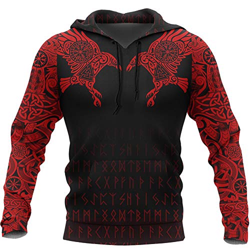 Viking Valknut Futhark Ravens 3D Gedrucktes Hoodie Sweatshirt, Unisex Langarm Tattoo Streetwear Casual Pullover Hoody Sweatshirt,Crow red,7XL von YCYR