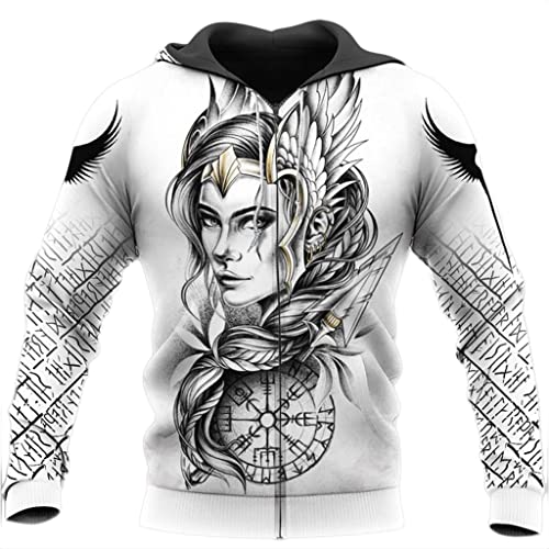 Wikinger Kapuzenpullover 3D-Druck Göttin Freya Vegvisir zur Seite Fahren, Unisex Weiß Beiläufig Lange Ärmel Harajuku Strassenmode Sweatshirt,Zipper,S von YCYR