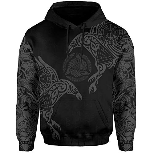 YCYR 3D Gedruckte Nordic Viking Yggdrasil Und Ravens Tattoo Trainingsanzug Hoodie, Unisex Langarm Streetwear Casual Hooded Pullover Sweatshirt,Black Hoodie,M von YCYR