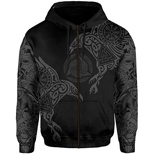 YCYR 3D Gedruckte Nordic Viking Yggdrasil Und Ravens Tattoo Trainingsanzug Hoodie, Unisex Langarm Streetwear Casual Hooded Pullover Sweatshirt,Black Zipper,6XL von YCYR