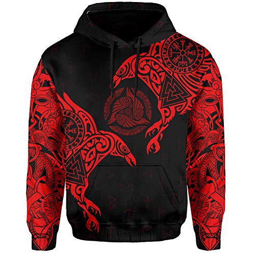 YCYR 3D Gedruckte Nordic Viking Yggdrasil Und Ravens Tattoo Trainingsanzug Hoodie, Unisex Langarm Streetwear Casual Hooded Pullover Sweatshirt,Red Hoodie,3XL von YCYR