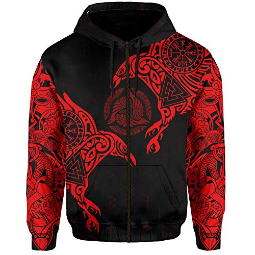 YCYR 3D Gedruckte Nordic Viking Yggdrasil Und Ravens Tattoo Trainingsanzug Hoodie, Unisex Langarm Streetwear Casual Hooded Pullover Sweatshirt,Red Zipper,L von YCYR