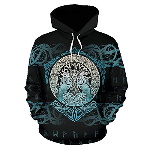 YCYR Nordic Viking Yggdrasil Und Ravens Tattoo 3D Bedruckter Trainingsanzug Hoodie, Unisex Langarm Streetwear Casual Hooded Sweatshirt,Hoodie,4XL von YCYR