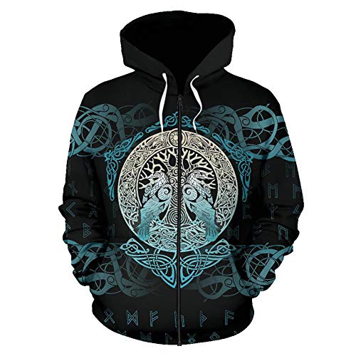 YCYR Nordic Viking Yggdrasil Und Ravens Tattoo 3D Bedruckter Trainingsanzug Hoodie, Unisex Langarm Streetwear Casual Hooded Sweatshirt,Zipper,2XL von YCYR