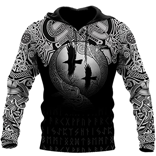 YCYR Nordische Wikinger Odin Raven Hoodie, Unisex 3D All Over Printed Tattoo Crow Langarm Casual Streetwear Pullover Sweatshirt,Hoodie,M von YCYR