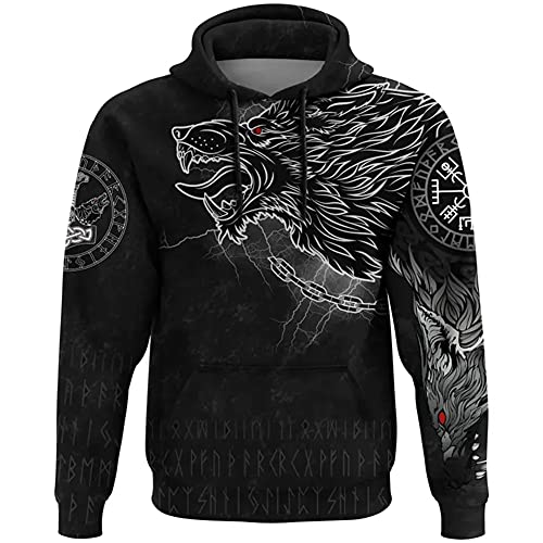 YCYR Nordischer Wikinger Fenri Wolf Rune Tätowierung Kapuzenpullover, Unisex 3D All Over Printed Pullover Sweatshirt, Lockere Lässige Langarm Harajuku Streetwear,Hoodie,4XL von YCYR