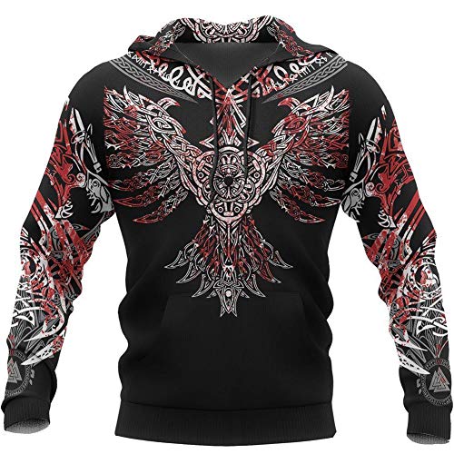 YCYR Unisex 3D Viking Hoodie, Nordische Mythologie Mjölnir Rune Printed Tattoo Sweatshirt, Harajuku Streetwear Casual Langarm Pullover T-Shirt,Rot,5XL von YCYR