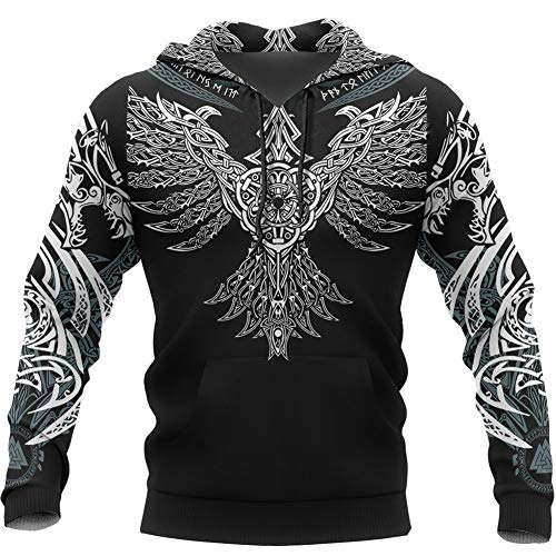 YCYR Unisex 3D Viking Hoodie, Nordische Mythologie Mjölnir Rune Printed Tattoo Sweatshirt, Harajuku Streetwear Casual Langarm Pullover T-Shirt,Weiß,L von YCYR