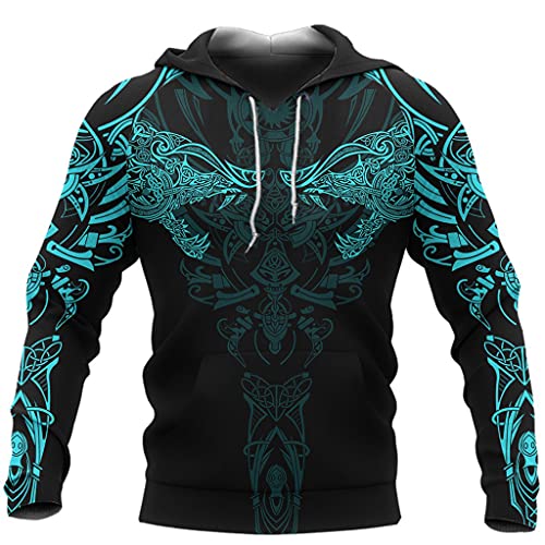 YCYR Viking 3D Print Wolf Hoodie, Nordische Mythologie Odin Fenrir Totem Tattoo Hoodie, Unisex Casual Streetwear Langarm Pullover Sweatshirt,Hoodie Blue,M von YCYR