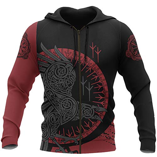 YCYR Viking 3D Tattoo Hoodie, Nordische Mythologie Raven Streetwear Casual Hoody Sweatshirt, Überall Bedrucktes Unisex Langarm Pullover Sweatshirt,Zipper,5XL von YCYR