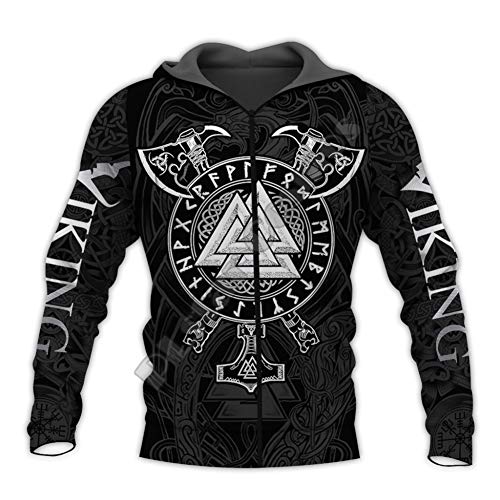 YCYR Viking 3D Tattoo Hoodies, Nordische Mythologie Mjolnir Streetwear Casual Hooded Sweatshirt, All Over Bedrucktes Unisex Langarm Pullover Sweatshirt,Axe Zipper,7XL von YCYR