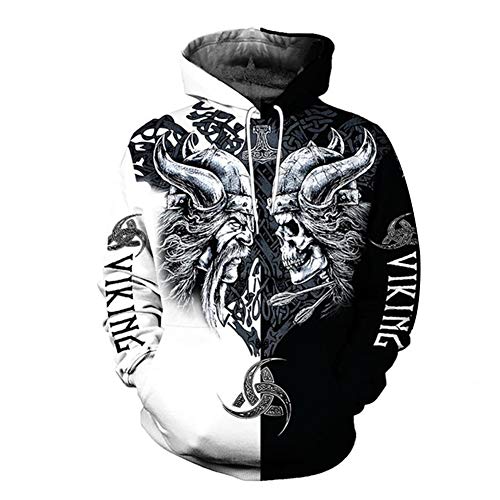 YCYR Viking 3D Tattoo Hoodies, Nordische Mythologie Odin Skull Streetwear Casual Hoody Sweatshirt, Überall Bedrucktes Unisex Langarm Pullover Sweatshirt,Hoodie,7XL von YCYR