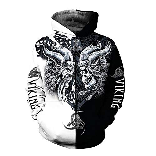 YCYR Viking 3D Tattoo Hoodies, Nordische Mythologie Odin Skull Streetwear Casual Hoody Sweatshirt, Überall Bedrucktes Unisex Langarm Pullover Sweatshirt,Zipper,7XL von YCYR