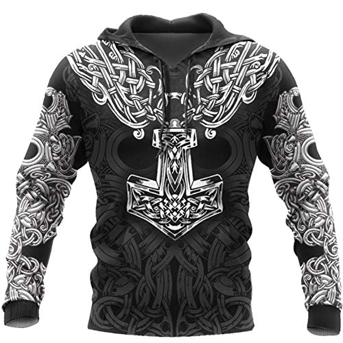 YCYR Viking 3D Thors Hammer Hoodies, Nordic Mythology All Over Tattoo Halskette Bedrucktes Pullover Sweatshirt, Unisex Langarm Streetwear Casual Hoody,Hoodie,6XL von YCYR