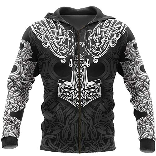 YCYR Viking 3D Thors Hammer Hoodies, Nordic Mythology All Over Tattoo Halskette Bedrucktes Pullover Sweatshirt, Unisex Langarm Streetwear Casual Hoody,Zipper,7XL von YCYR