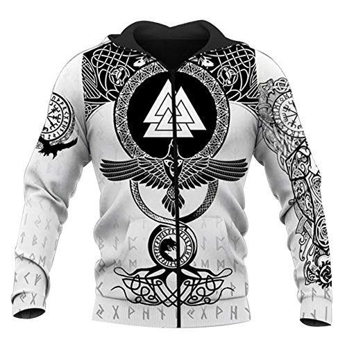 YCYR Viking Tattoo 3D Hoodie, Bedruckte Männer Frauen Kapuze Langarm Sweatshirt, Nordische Mythologie Unisex Streetwear Casual Pullover T-Shirt,White Sweater,XL von YCYR