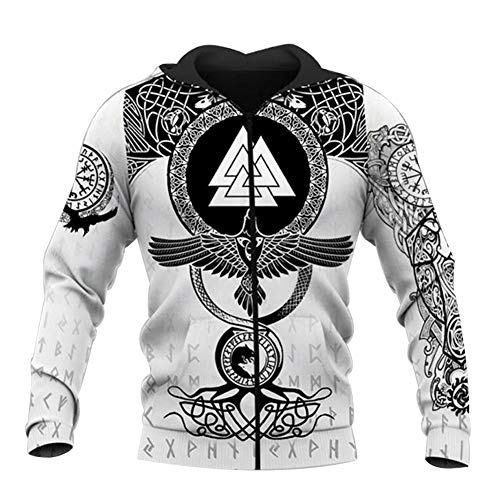 YCYR Viking Tattoo 3D Hoodie, Bedruckte Männer Frauen Kapuze Langarm Sweatshirt, Nordische Mythologie Unisex Streetwear Casual Pullover T-Shirt,White Zipper,M von YCYR