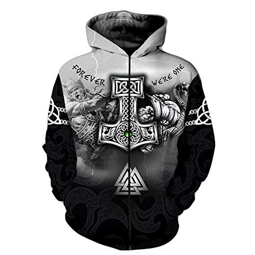 YCYR Viking Thors Hammer 3D Hoodies, Nordic Mythology All Over Tattoo Gedrucktes Unisex Pullover Sweatshirt, Langarm Streetwear Casual Hooded Sweatshirt,Zipper,3XL von YCYR