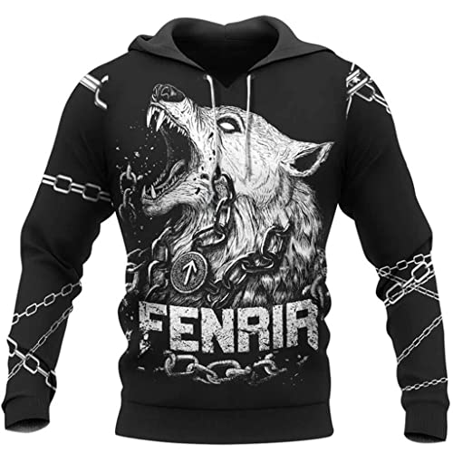 YCYR Wikinger Kapuzenpullover Hoodie 3D Gedruckte Tattoos Fenrir Wolf ist mit Ketten Gebunden Pullover Sweatshirt, Unisex Langarm Casual Mode Harajuku Streetwear,Hoodie,L von YCYR