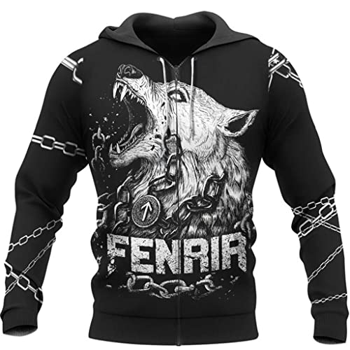 YCYR Wikinger Kapuzenpullover Hoodie 3D Gedruckte Tattoos Fenrir Wolf ist mit Ketten Gebunden Pullover Sweatshirt, Unisex Langarm Casual Mode Harajuku Streetwear,Zipper,S von YCYR