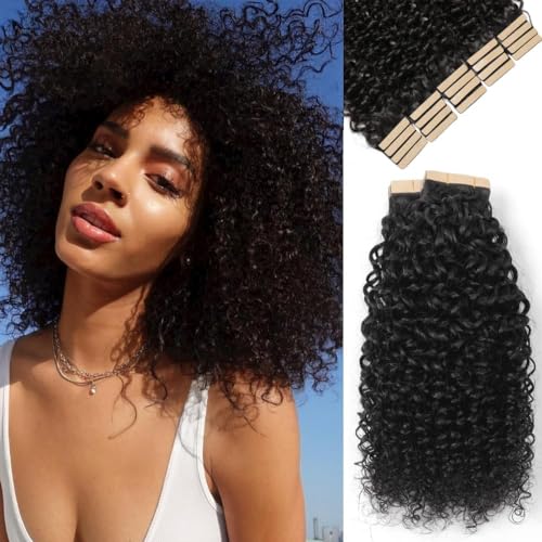 YDDM 12 Zoll Tape Extensions Echthaar 40 Stück 60g Schwarz Kinky Curly Tape In HaarverläNgerung Echthaar Schwarze Frauen Tapes Unsichtbare Extensions Echthaar Tape Extensions Echthaar von YDDM