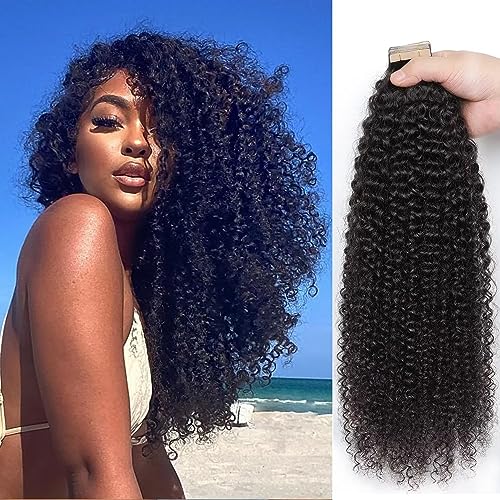 YDDM Schwarze Frauen tape extensions echthaar schwarz Kinky Curly Tape in haarverlängerung echthaar tapes unsichtbare extensions echthaar tape extensions echthaar 22 Zoll 20 stück 50G von YDDM