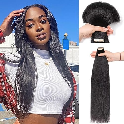 YDDM Schwarze Frauen tape extensions echthaar schwarz Yaki Straight Tape in haarverlängerung echthaar tapes unsichtbare extensions echthaar tape extensions echthaar 20 Zoll 20 stück 50G von YDDM