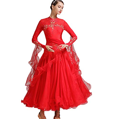 Lace National Standard Gesellschaftstanz Wettbewerbskleider Für Frauen Modernes Tango Walzer Tango Glatte Turnierkleider Simuliertes Seidentuch Big Swing Dress,Rot,L von YDHTIZ
