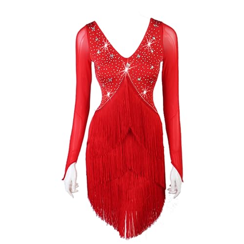 Quaste Latein Tanzkleid V-Ausschnitt Ballsaal Salsa Training Tanzkleider Tanzkleidung für Samba Rumba Langarm, rot, XXX-Large von YDHTIZ