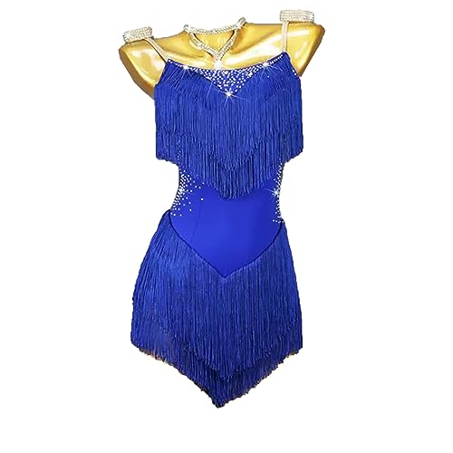 Strapse Latein Tanzkleider für Frauen Flapper Quaste Ballsaal Tanzkleid Bare Back Cha Cha Tango Wettbewerb Tanzkleidung Salsa Rock, blau, L von YDHTIZ