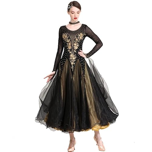 YDHTIZ Ballroom Dance Kleider mit Applikationen für Frauen Rundhalsausschnitt Walzer Modern Performance Dance Outfit Mesh Flamenco Dancewear Tango Übungsrock von YDHTIZ