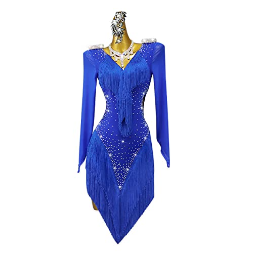 YDHTIZ Damen Fransen Latein Tanzkleid Strass Tango Cha Cha Praxis Kleider Lange Ärmel Latein Performance Kleid, blau, X-Large von YDHTIZ