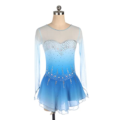 YDHTIZ Kinder Mädchen Eiskunstlauf Kleid Mädchen Figuren Skating Blue Gradient Spandex Wettbewerb Anzug Langarmes Strass -Strass -Ballett -Tanz Funkelndes Tutu Kleid (XS,Blue) von YDHTIZ