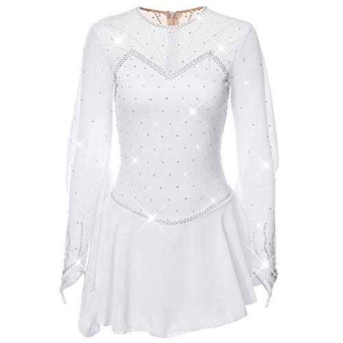 YDHTIZ Klassisches Mädchen Eiskunstlauf Kleid Eislauf Wettkampf Kostüm Einfarbige Trikots Für Rhythmische Gymnastik Mit Kristall Roller Performance-Skating,Weiß,M von YDHTIZ