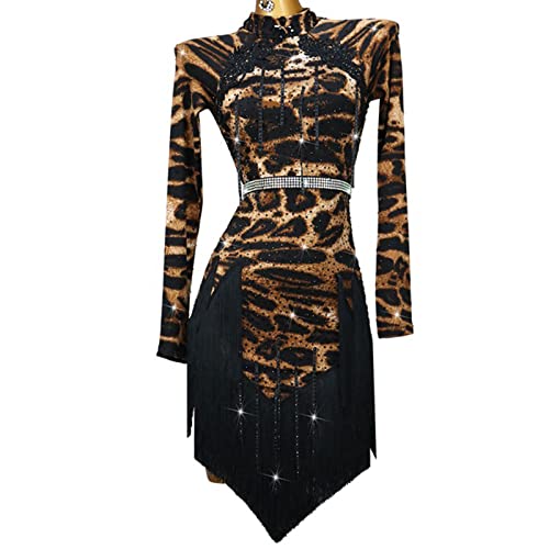 YDHTIZ Latein Turnierkleid mit Quasten Walzer Foxtrott Tanzkleider Leopard Print Professionelle Tango Performance Tanzkleidung für Frauen Stehkragen Tanz Outfit für Rumba von YDHTIZ