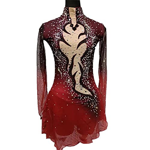 YDHTIZ Mädchen Eiskunstlauf Kleid Mit Hohem Kragen Hohlrücken Trikot Für Rhythmische Gymnastik Eislauf Wettkampfkostüm Mesh Rock Mit Strasssteinen Lange Ärmel,Rot,S von YDHTIZ
