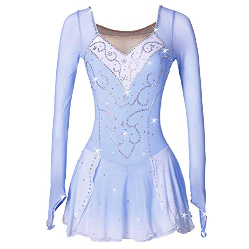 YDHTIZ Professionelles Eiskunstlauf Wettkampf Kleid Langärmliges Eislauf Performance Kostüm Für Mädchen Strass Gymnastik Trikots Mit Fingerpunkt Ärmeln,Blau,S von YDHTIZ