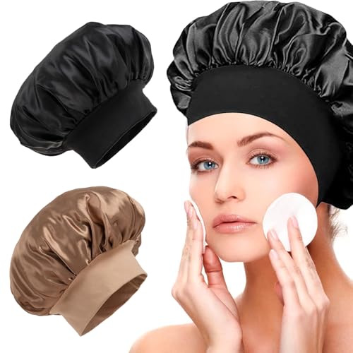 Seidensatin-Haube zum Schlafen, weiches elastisches Band, Haarhaube für Frauen, lockiges, natürliches Haar, doppellagige Seidensatin-Schlafkappe, Duschhaube für Damen (schwarz und goldfarben), 2 Stück von YDM