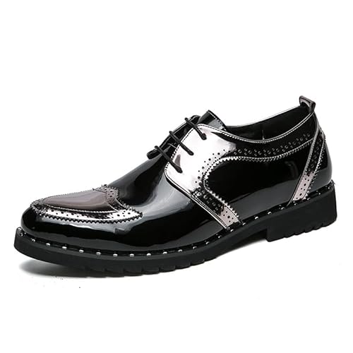 Oxford-Abendschuhe for Herren mit Schnürung, zweifarbig, PU-Leder, Patchwork, Brogue, Flügelkappen, Derby-Schuhe, rutschfester Blockabsatz, rutschfest, rutschhemmend, Abschlussball(Color:Silber,Size:3 von YDNH