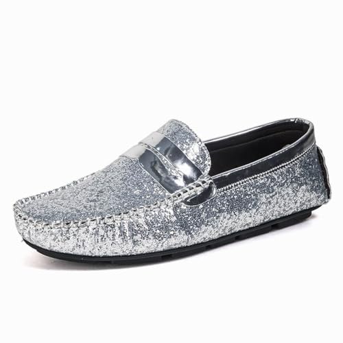 YDNH Herren-Loafer, veganes Leder, glänzende Penny-Loafer for Fahren, Flacher Absatz, beständig, rutschfest, lässig, for Hineinschlüpfen(Color:Silber,Size:39 EU) von YDNH