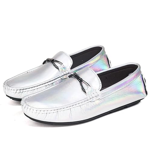YDNH Herren-Loafer-Schuhe, runde Zehenpartie, Kunstleder, Fahrstil, Loafer, rutschfest, Flacher Absatz, leichte Klassische Slip-Ons (Color : Silber, Size : 41 EU) von YDNH