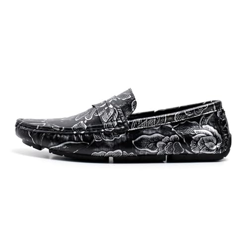 YDNH Loafer for Herren, quadratische Zehenpartie, Blumendruck, Nubukleder, Penny-Loafer for Fahren, rutschfest, Flacher Absatz, Bequeme, lässige Outdoor-Slipper (Color : Black Silver, Size : 38 EU) von YDNH