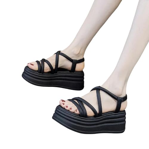 YDRABFLE Sandalen Für Damen Cross Strap Keil Absatz Sandalen Frau Sommer Chunky Plattform Slingbacks Frauen Hausschuhe Dicke Unterseite Dias Flip Flops-Schwarz-36 von YDRABFLE