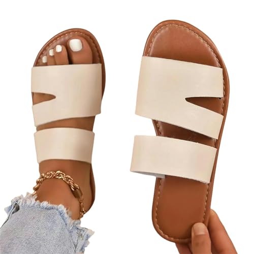 YDRABFLE Sandalen Für Damen Damen Sandalen Solide Farbe Offene Zehe Flache Unterseite Bohemia Strand Hausschuhe Freizeit Bequeme Tägliche Frauen Sandalen-Beige-43 von YDRABFLE