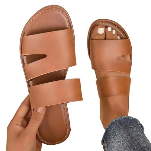 YDRABFLE Sandalen Für Damen Damen Sandalen Solide Farbe Offene Zehe Flache Unterseite Bohemia Strand Hausschuhe Freizeit Bequeme Tägliche Frauen Sandalen-Braun-36 von YDRABFLE