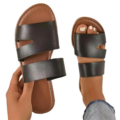 YDRABFLE Sandalen Für Damen Damen Sandalen Solide Farbe Offene Zehe Flache Unterseite Bohemia Strand Hausschuhe Freizeit Bequeme Tägliche Frauen Sandalen-Schwarz-35 von YDRABFLE