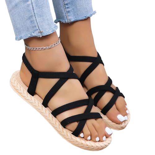 YDRABFLE Sandalen Für Damen Damen Schnürung-Up Anti-Rutsch Verschleißfeste Weiche Unterseite Bequeme Flache Absatz Sandalen-Schwarz-36 von YDRABFLE